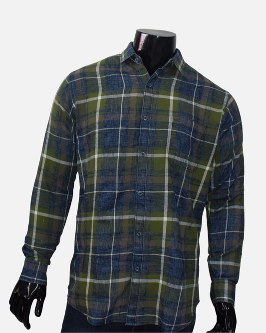Olive Green Checked Cotton Blend Shirt for Men